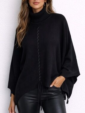 Chico’s Black Turtleneck Poncho Sweater S/M Oversized Asymmetrical KnitBoho Chic